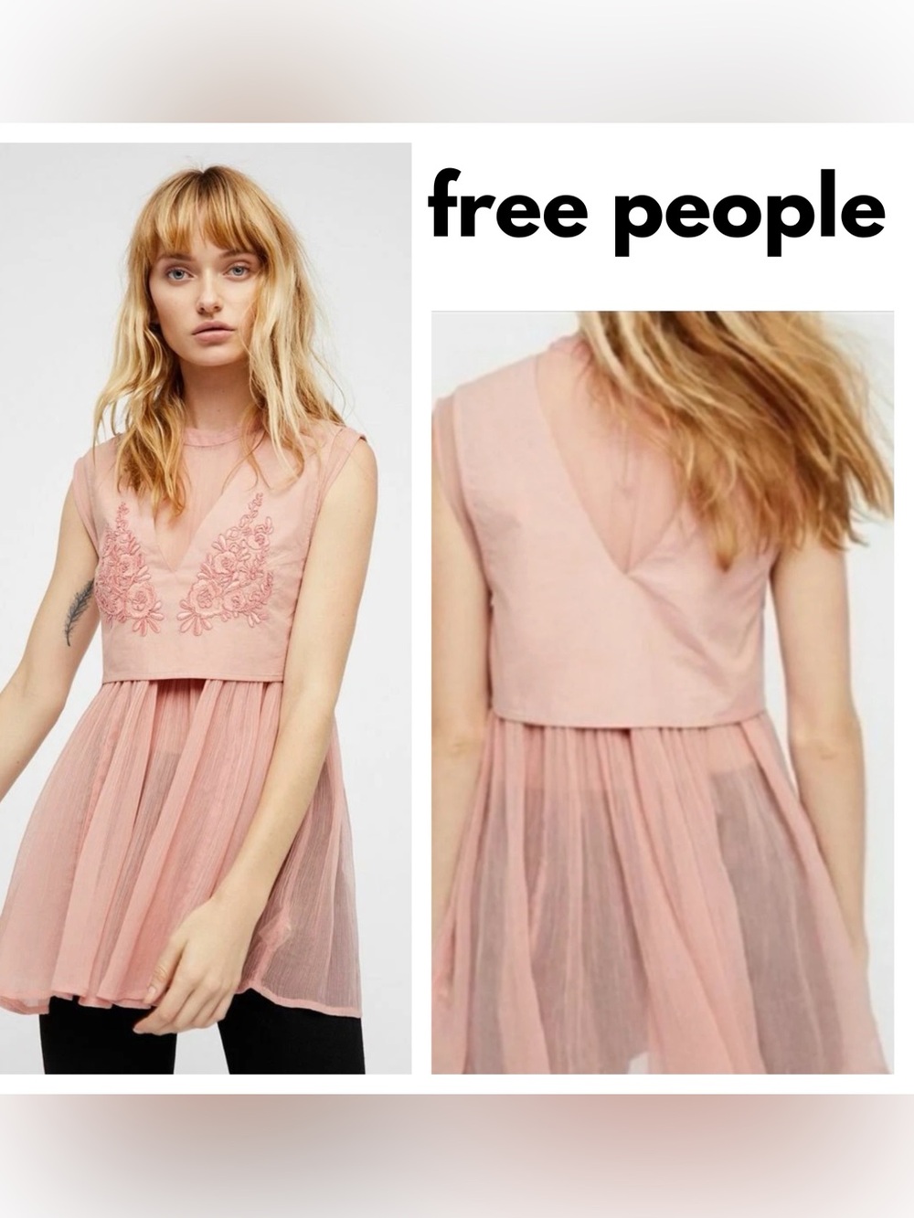 NWT Sz L Free People Pink Forever Mine Twofer Top Floral Appliqué
